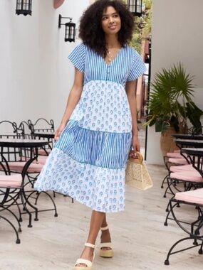 Printfresh Organic Cotton Blue White Floral Striped Tiered Midi Sun Dress 1X